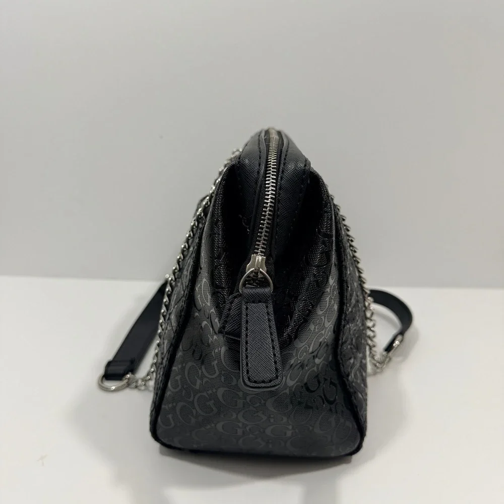 Guess Satchel Handbag Women Large Black Good Logo Embossed Chain Strap G-001